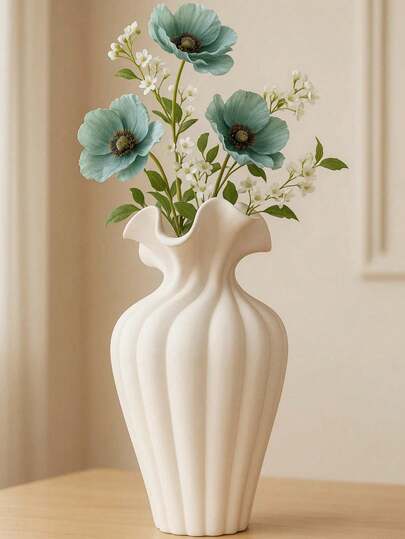 1个大号白色花瓶，简约北欧风格白色褶皱花瓶，适合装饰客厅和书架