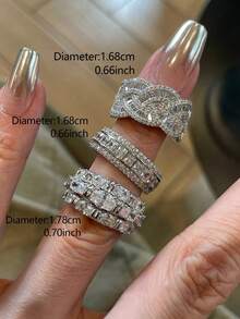 3pcs Set Of Super Fashionable European And American Style Synthetic Zirconia Luxury Elegant Suitable For Party, Wedding, Holiday, High-End Unique Elegant Women's Open Copper Ring Set - Silver - View 4