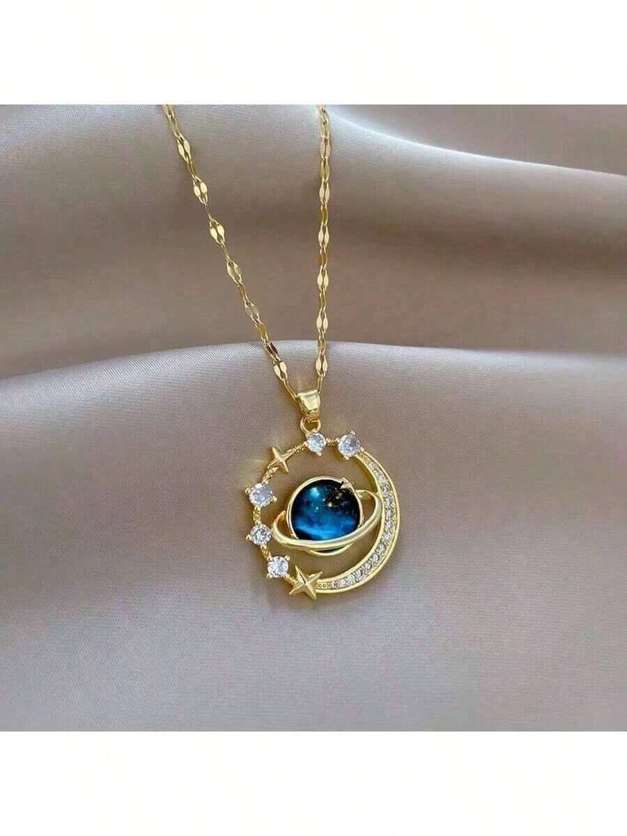 [Elegant Necklace] Elegant Golden-Tone Stainless Steel Celestial Planet Pendant Necklace For Women|   Sparkling Synthetic Zirconia Crystals, Blue & Clear Gemstone Design For Daily Wear & Parties, Valentine's Day Gift - 金子 - 查看 1
