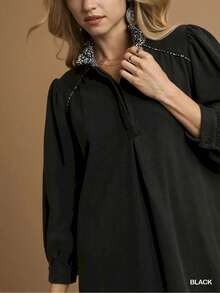 Womens Casual A Line Dress Elegant Vintage Inspired High Neck Leopard Trim Loose Fit Babydoll Style Mini Dress Black Three Quarter Length Balloon Sleeves Standing Collar Fall Winter Party Evening Wear - 黑色 - 查看 5