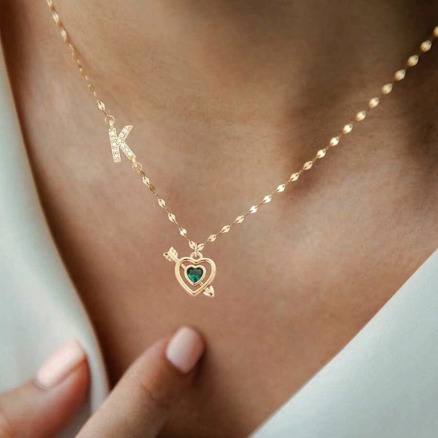 1pc New Fashion Initial An Arrow Through The Heart Pendant Golden Stainless Steel Lip Chain Necklaces For Women - Yellow Gold - View 1