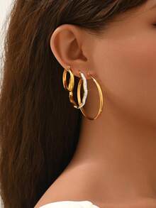 1 Set de Pendientes de Aro de Acero Inoxidable Retro con Micro Diamantes Incrustados en Diseño de Ola, Uso Versátil Diario para Mujeres - multicolor - Ver 2