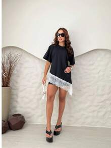 Asymmetrical Lace T-Shirt, Asymmetrical Lace Tee, Autumn/Winter Collection - 黑色 - View 3