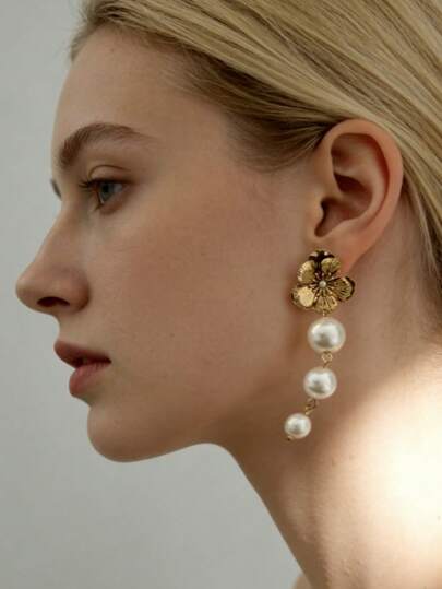 Vintage Flower Pearl Tassel Drop Earrings - Elegant Gold Tone Dangle Jewelry For Date - Party