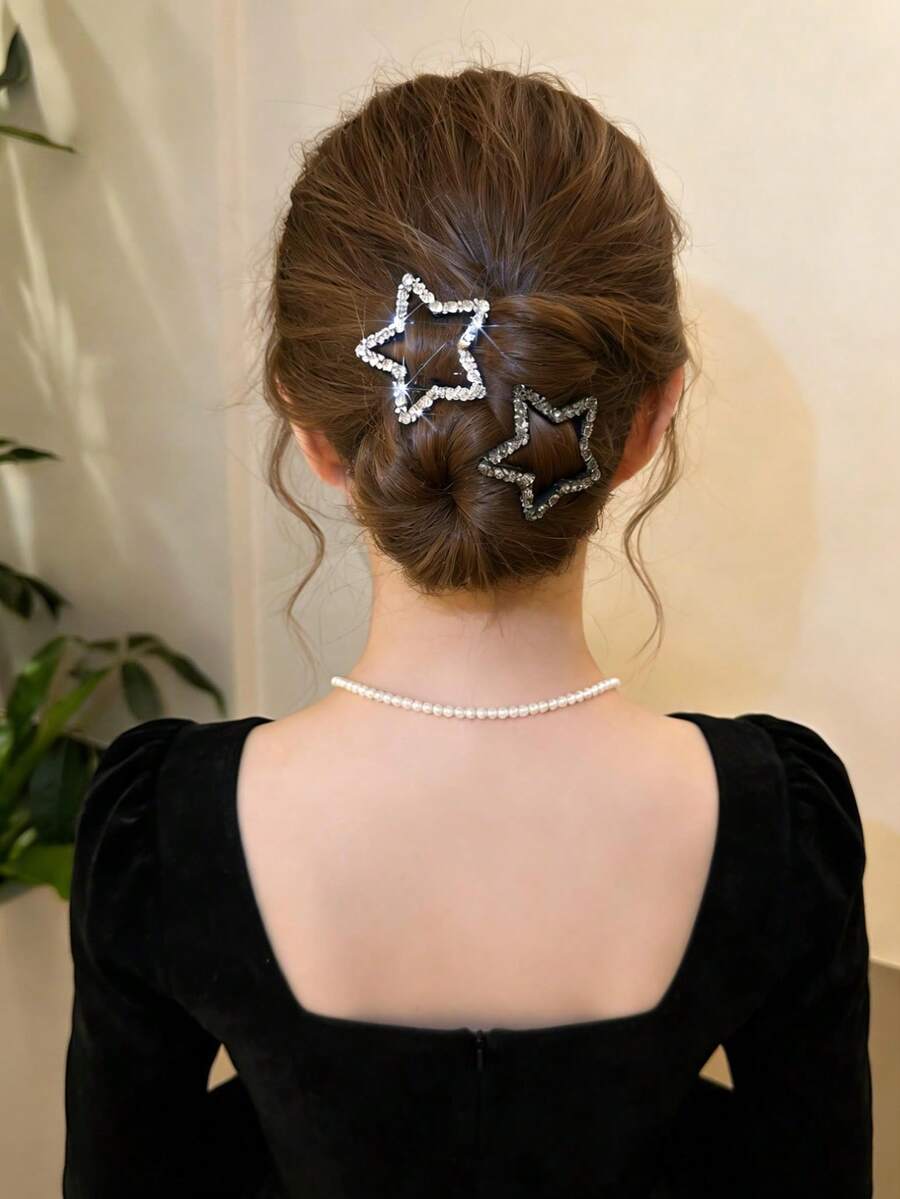 4-Piece Rhinestone Five-Pointed Star Hair Clip, Suitable For Everyday Wear, Perfect For Bangs, Side Clips, And Wispy Hair.