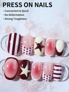 24片Y2K风格短椭圆波点粉色法式美甲贴纸，包含红色线条、星星、腮红和波点图案，粉嫩少女风，完美适用于亚克力指甲，附赠1瓶凝胶胶水和1把指甲锉，适合秋冬季女孩日常派对使用。 - 彩色 - 查看 2