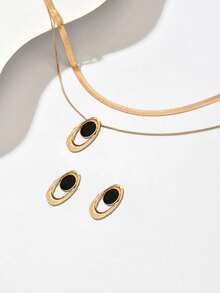 3pcs Elegant Creative Necklace + Earrings Jewelry Set, Fashionable Personalized Metal Geometric Asymmetrical Oval Pendant Necklace With Acrylic Bicolor Design, Versatile For Daily, Festival, Party - Double G - View 3