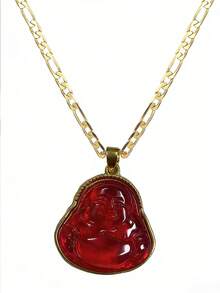 1件时尚镀金佛像吊坠项链，男女通用，蓝色、绿色、红色、白色佛头图案扁平费加罗链项链 - Buddha - 查看 6