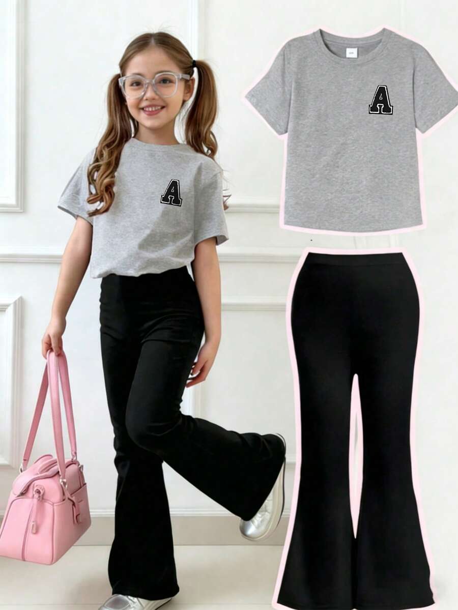 Conjunto de 2 piezas de camiseta de manga corta con estampado de letra A y pantalones acampanados para niña preadolescente, suave y lavable a máquina, para primavera/verano - Gris - Ver 1