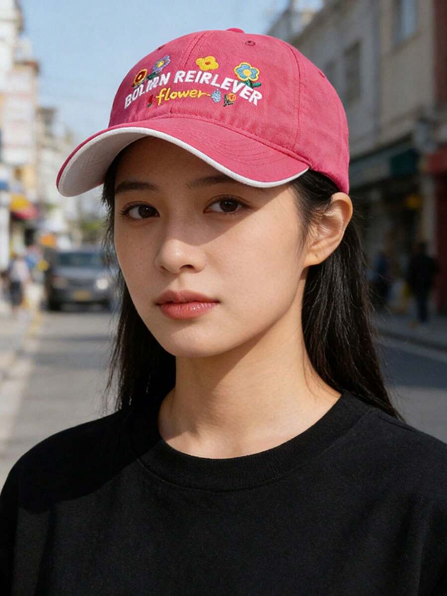 1顶卡通花朵刺绣棒球帽,马卡龙色配色,女士春夏防晒帽,女士可调节刺绣字母棒球帽 - A - 查看 1