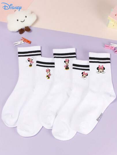 Disney 迪士尼 5 双装 米妮图案中筒袜，运动条纹，涤纶材质，可爱卡通设计，时尚休闲透气，适合日常穿着、返校季、节日礼物。