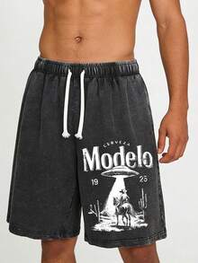 WANHE Washed Shorts, Unisex Style, Couples' Matching Outfit - Ideal For Spring & Summer Wear, St. Patrick's Day, March Madness, Music & Art Festivals, Easter, Carnival, Perfect Gift Choice. Motorcycle Speed Shop Print, Washed Shorts For Motorcycle Enthusiasts, Street Style Summer Casual Wear, Graphic Design, Comfortable Fit, Urban Lifestyle - 黑色 - 查看 2