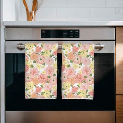 2pcs Floral Painting Pattern Absorbent Microfiber Kitchen Towels, 40*60cm Countryside Style Dish Cloths, Hand Towels, Kitchen Decor, Housewarming Gift, Suitable For Kitchen And Bathroom, Great For Homemakers And Family Gatherings, High Cost-Performance Household Essential