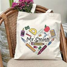Customized Teacher Heart-Shaped Tote Bag - Personalized Mr. Smith Design, Durable Polyester Fiber, Ideal Gift For Teachers, Back-To-School Accessory, Essential For The Start Of The School Year| Lively Teacher Appreciation Design| Polyester Tote Bag, Teacher Gift - 黑色 - 查看 8