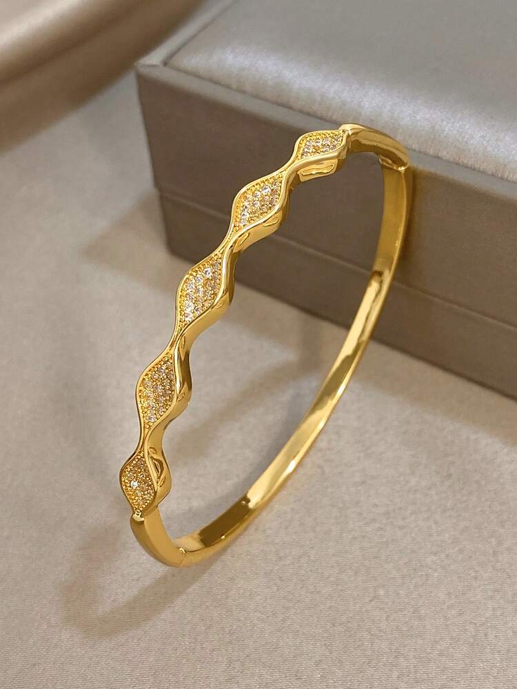 1pc Golden Thin Bangle Bracelet For Women Elegant Zirconia Golden Bangle Bracelet For Daily Party Mother Day Valentine Wedding Music Festival Christmas Jewelry Gifts - Multicolor - View 7