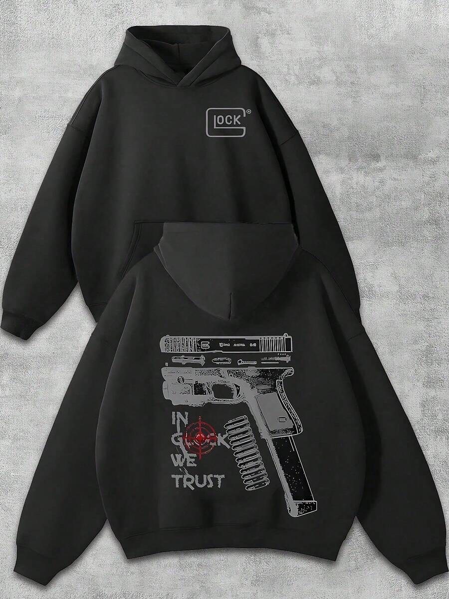 Men'S Y2K Hoodie For Men -Streetwear With Unique Hooded Jacket, Gun-Themed Creative Print + "IN G-L-O-C-K WE TRUST" Text, Extremely Eye-Catching! Graphic Hoodies,Casual, Comfortable, Soft Streetwear Long-Sleeved Hoodies Sweater, Autumn And Winter Sudaderas Para Hombre,Suitable For Young Men And Women To Wear For Casual. |  USA - màu đen - Xem 1