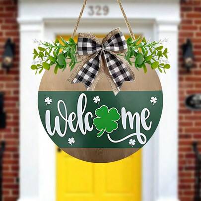 St. Patrick's Day Welcome Sign - Shamrock Door Hanger & Wreath, Outdoor Front Door Decor, Wooden Porch Accent, Door Sign, Door Plaque