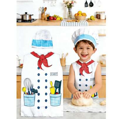 儿童厨师服装套装，包含帽子和围裙 - 适合男孩女孩玩耍，可用于厨房玩具、烹饪和烘焙角色扮演，是幼儿的理想选择，非常适合万圣节、圣诞节、生日派对、学校表演，也是送给3-8岁儿童的礼物。