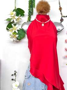 T124 White Sleeveless Turtleneck Blouse, Elegant Asymmetrical Ruffle Design - Red - View 4