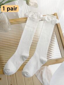 1 Pair Women's Knee-High Socks, Black & White Lace Trim Slimming Leg Socks For Spring/Summer, Versatile Wear With Skirts - Multicolor - View 13