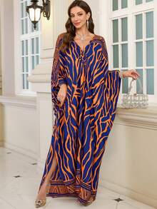 Đầm dài dáng rộng cổ chữ V phong cách Bohemian in họa tiết da báo tay cánh dơi dành cho nữ - Nhiều màu - Xem 3