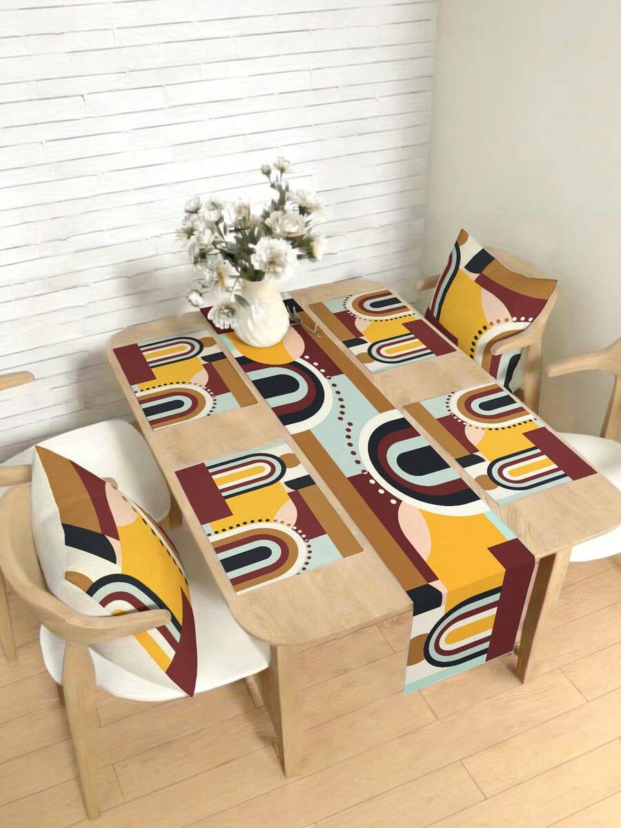 Bộ trang trí nhà cửa phong cách Bohemian họa tiết hình học trừu tượng (1/4/5/6/7 món), thích hợp trang trí phòng khách, phòng ngủ, phòng ăn, chất liệu giả vải lanh, nhiều kích cỡ, dùng để trang trí bàn ăn, khăn trải bàn lò sưởi, tấm lót bàn, đế lót ly, đồ trang trí nhà cửa. - Nhiều màu - Xem 1