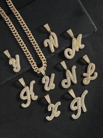 Hip Hop Iced Out Cuban Link Chain With Custom Cursive Letter Pendant Plated Necklace Personalized Initial Jewelry