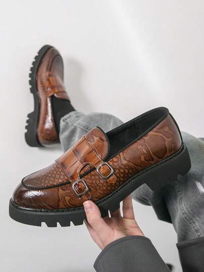 时尚鳄鱼纹压花真皮商务鞋，优质皮革，轻便厚底，增高鞋，适合办公室穿着，四季皆宜