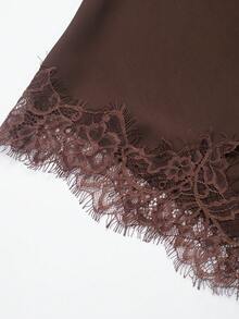 Asymmetric Lace Patchwork Silk-Feel Skirt - Brown - View 4