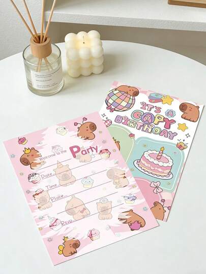 水鼠主题生日邀请函（含信封），可爱卡通生日派对邀请函，生日派对装饰