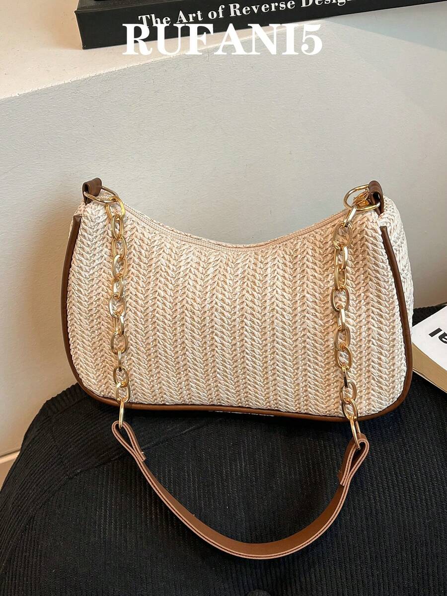 Túi đeo chéo mini bằng rơm phối nhiều mảnh thời trang, túi đeo vai nhẹ kiểu retro tối giản, túi du lịch có dây xích không kèm mặt dây chuyền. - Màu be - Xem 1