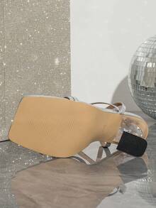 Giày sandal cao gót mũi vuông đính pha lê, quai ngang phía trước, kiểu dáng gợi cảm, thanh lịch, thích hợp cho hoạt động ngoài trời dành cho nữ. - Bạc - Xem 9