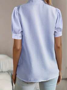 Striped Polyester Ruffle Front Button Casual Short Sleeve Shirt Summer - Blue - View 4