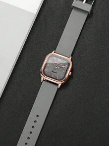 1 Pc Women's Fashion Casual Square Numeric Scale Dial Silicone Band Quartz Wrist Watch, Without Watch Box - Grey - View 8
