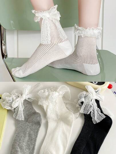 1 Pair Women's Mid-Calf Socks, Spring/Summer Lace Trim Bow Solid Color Slimming Leg Socks, Versatile Pairing With Dresses