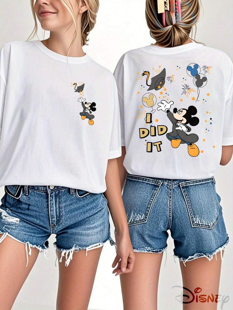 Disney Official Licensed, Mickey Mouse, Graduation, I DID IT, Double-Sided Print, 100% Cotton, Crew Neck T-Shirt, Graduation Souvenir, Casual Wear, Spring & Summer Top, Disney Merch, Fan Collectible - 白色 - 查看 1