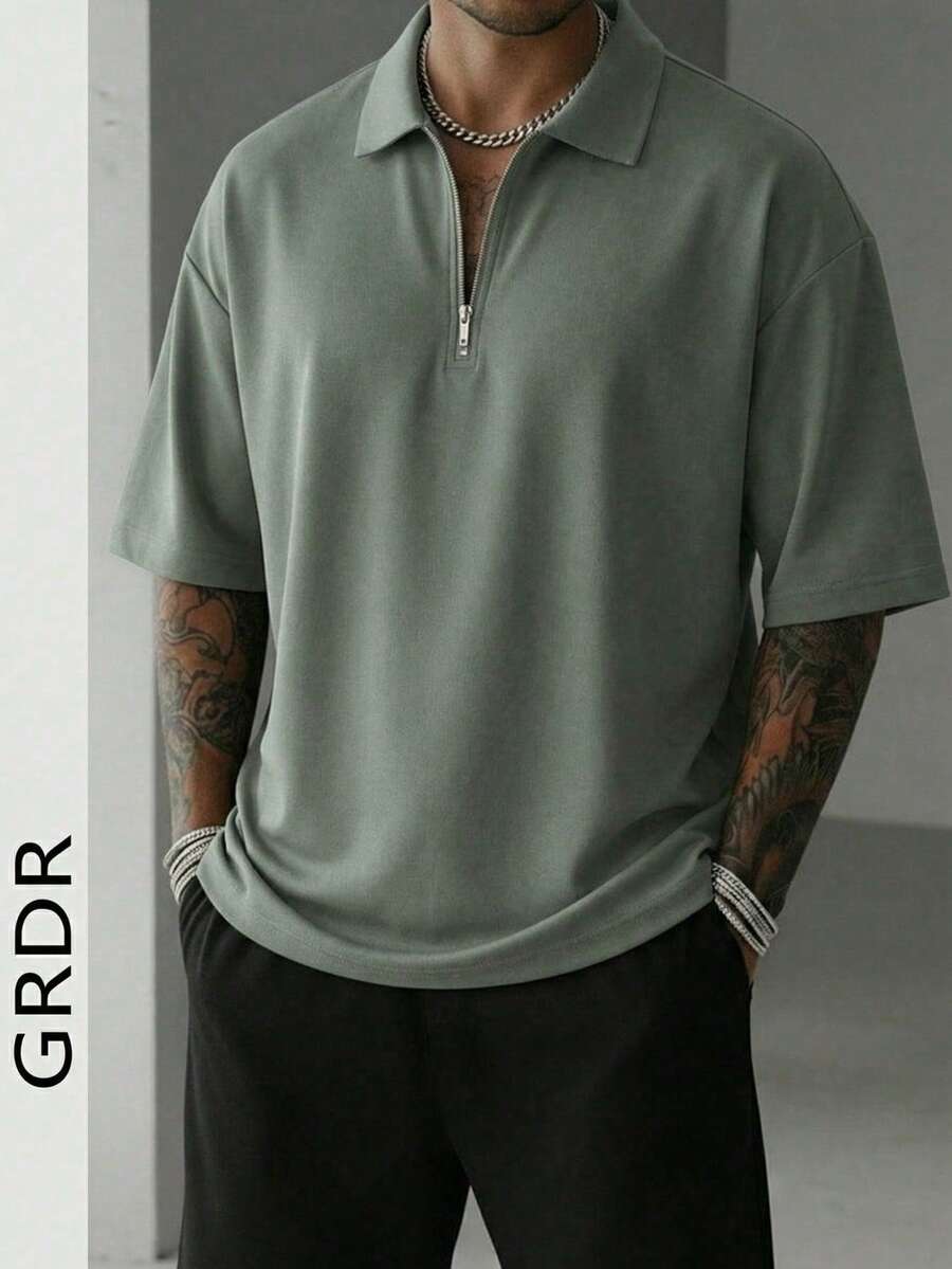 GRDR 男士夏季半拉鍊 Polo 領短袖 T 恤，純色經典款，適合戶外休閒穿著 - 橄欖綠 - 查看 1