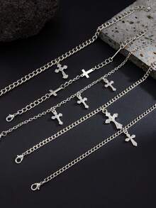 5pcs/Set Cross Pendant Men's Fashion Versatile Retro Bracelet Set - Silver - View 4
