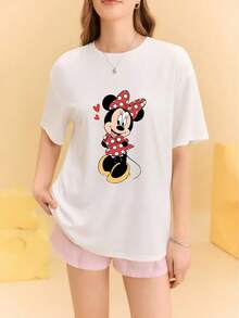 Disney Mickey And Minnie Couple Short Sleeves, Featuring A Women'S Minnie Design With 'Polka Dot Outfit + Red Heart Embellishments + Sweet Smile Expression' Print / Men'S Mickey With 'Waving Interaction + Red Heart Echo + C - Women's T-shirt - View 2