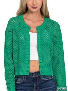Women's Casual Cardigan Chic Open Knit Openwork Button Front Long Sleeve Crew Neck Green - K 格林 - 查看 1