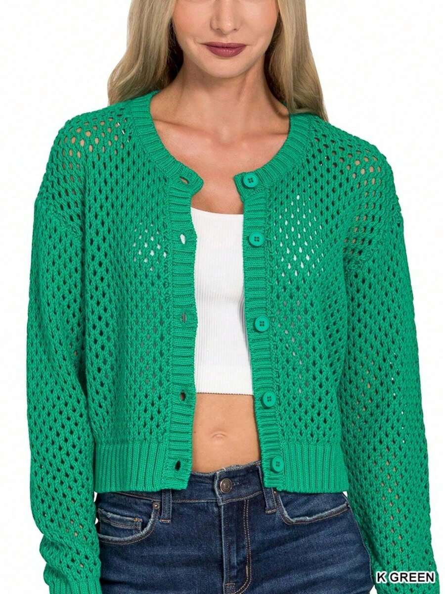 Women's Casual Cardigan Chic Open Knit Openwork Button Front Long Sleeve Crew Neck Green - K 格林 - 查看 1