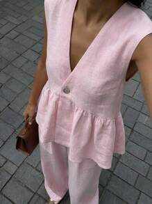 Buzzelle Spring/Summer New Women's Light Pink V-Neck Sleeveless 2 Pieces Set, Ruffled Design, Sweet & Charming, Suitable For Valentine's Day - Pink - View 1