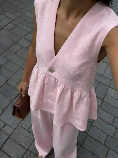 Buzzelle Spring/Summer New Women's Light Pink V-Neck Sleeveless 2 Pieces Set, Ruffled Design, Sweet & Charming, Suitable For Valentine's Day