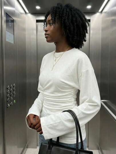 Women's Casual High Stretch Solid Color Boat Neck Batwing Sleeve Fitted Waist T-Shirt, Comfortable & Breathable, White Blouse Top, Spring/Summer, Women's Clothing, Women's Spring Apparel, Resort Wear