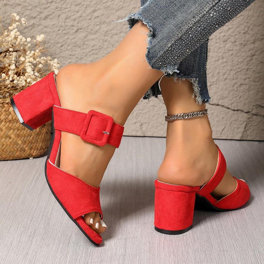 Sandales à talons hauts avec faux boutons en tissu de couleur unie, convenant pour les fêtes, l'extérieur, les vacances, le bureau, les mariages, toutes les saisons - Rouge - Voir 1