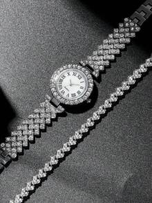2pcs Elegant Luxury Women's Quartz Watch Set, Ladies' Elegant Shining Rhinestone Heart Jewelry Set (Including Silver Watch With Rhinestones, White Dial With Roman Numeral Quartz Watch, And Heart Rhinestone Bracelet). - Silver - View 5