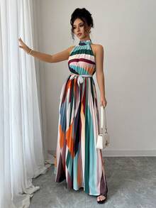 Robe d'été élégante et décontractée pour femmes, sans manches, avec ceinture et plissée, idéale pour la plage et les voyages - Multicolore - Voir 4