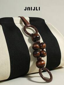 JNI JLI Beige & Black Striped Clutch Purse With Wooden Bead & Ring Detail Women Stylish Handbag Cross Body Bag Travel Essential Casual Daily Use Bags Vintage Sling Bag Fashion Handbags Mini Purses Practical Shoulder Bag Clutch Bag Ladies Daily Purse Versatile Crossbody Shoulder Bag Spacious Evening Bag Must-Have Outfit Accessory Everyday Use Fashion Purse Casual Style Shoulder Bag - Màu be - Xem 4