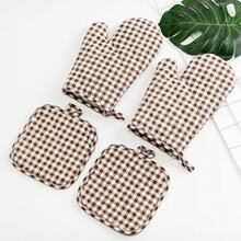 1pc Coffee Plaid Heat Resistant Glove And Pad Set, Double-Sided Quilted Washable Heat Proof Glove, Suitable For Daily Use, Cooking, Baking Gift Set - View 3