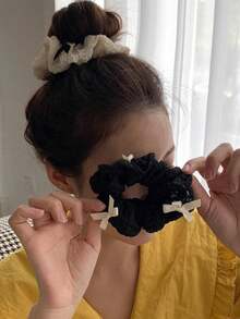 2个泡泡蝴蝶结发圈，甜美女孩丸子头造型，派对发饰 - 黑與白 - 查看 4